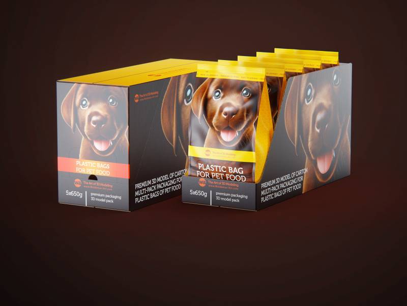 Cardboard multi-pack packaging for 5x650g plastic bags of pet food premium 3d model