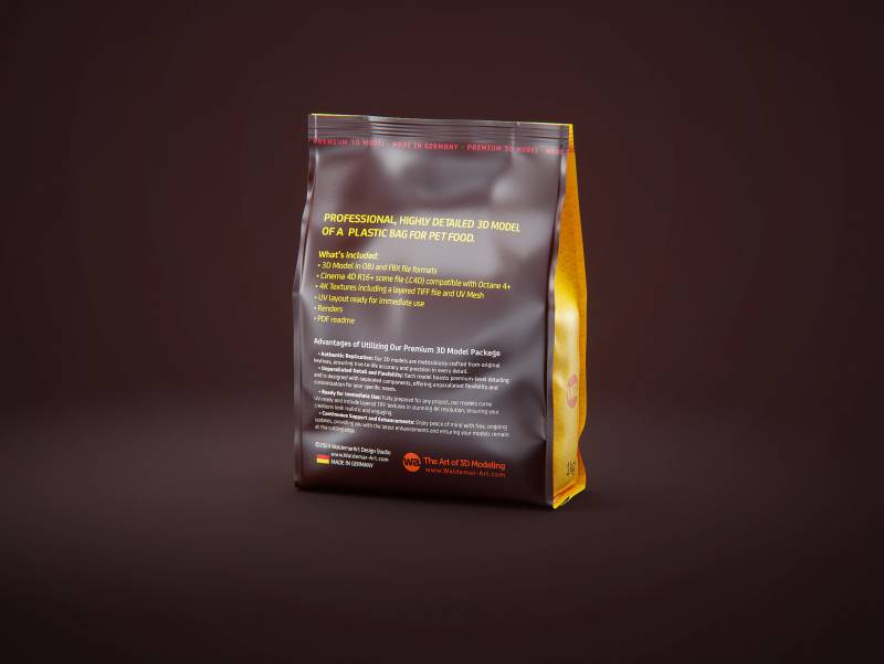 Premium 3D model of a 1kg/900g plastic bag of pet food packaging