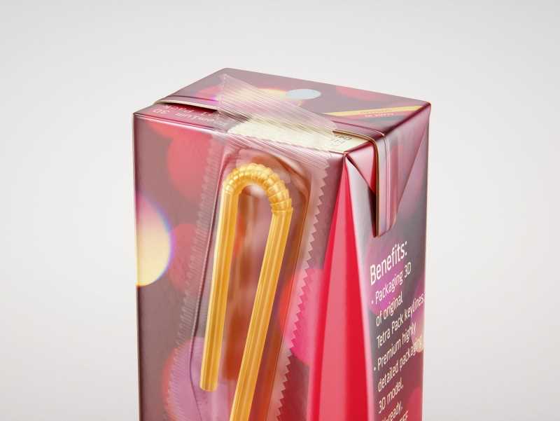 Tetra Pack Brick Slim Leaf 200ml with a Straw packaging 3D model pak