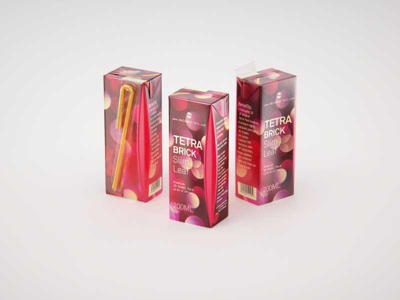 Tetra Pack Brick Slim Leaf 200ml with a Straw packaging 3D model pak