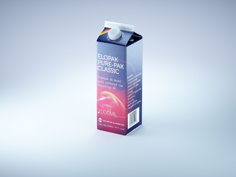 Premium milk packaging 3D model of Elopak Pure-Pak Classic 1000ml with tethered cap TwistFlip 29