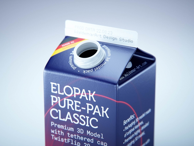 Premium milk packaging 3D model of Elopak Pure-Pak Classic 500ml with tethered cap TwistFlip 29