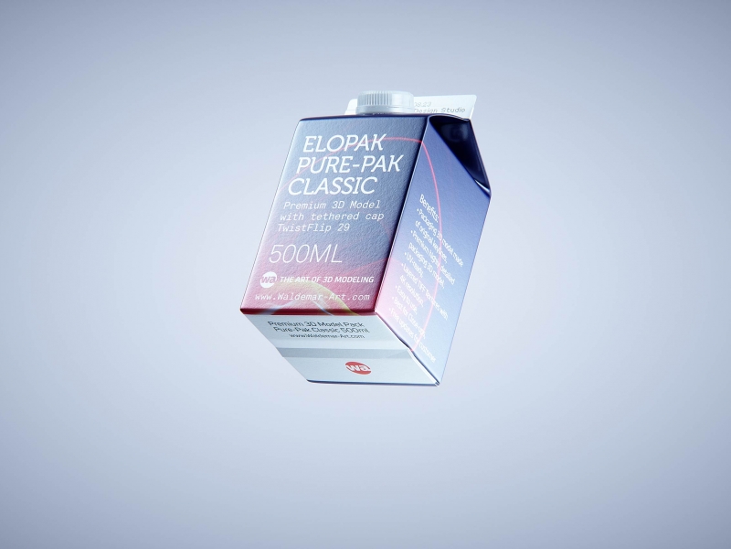 Premium milk packaging 3D model of Elopak Pure-Pak Classic 500ml with tethered cap TwistFlip 29