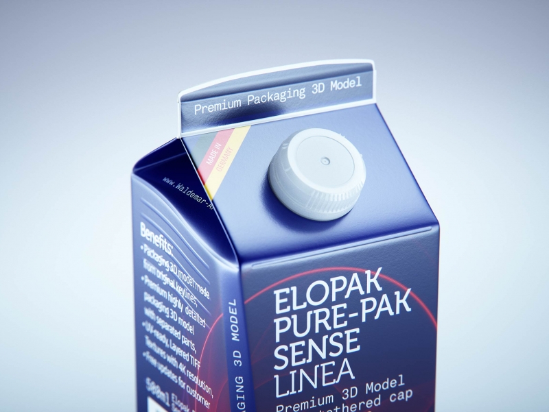Premium carton packaging 3D model of Elopak Pure-Pak Sense Linea 500ml with tethered cap TwistFlip 29