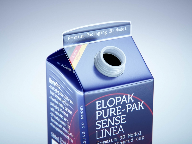 Premium carton packaging 3D model of Elopak Pure-Pak Sense Linea 500ml with tethered cap TwistFlip 29
