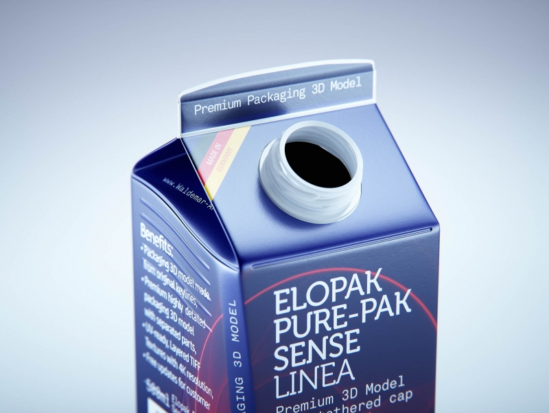 Premium carton packaging 3D model of Elopak Pure-Pak Sense Linea 500ml with tethered cap TwistFlip 34