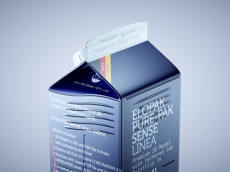 Premium carton packaging 3D model of Elopak Pure-Pak Sense Linea 500ml with tethered cap TwistFlip 34