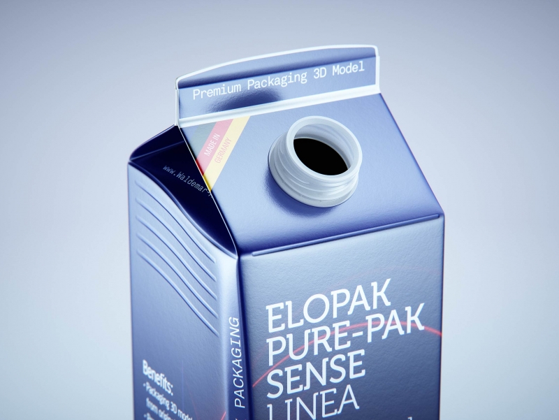 Premium carton packaging 3D model of Elopak Pure-Pak Sense Linea 750ml with tethered cap TwistFlip 29