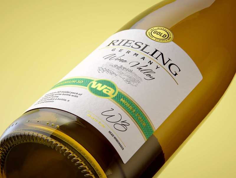 Riesling wine bottle 750ml with a cork and labels Premium 3D model pack