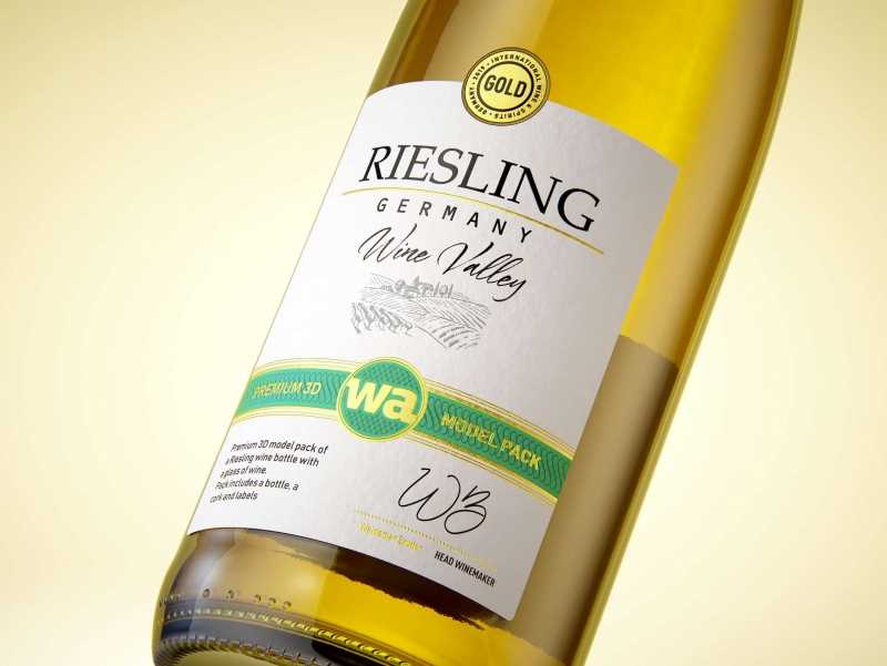 Riesling wine bottle 750ml with a cork and labels Premium 3D model pack