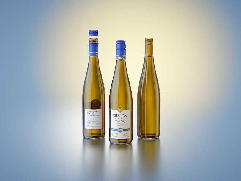 3D model of a wine bottle 750ml for Riesling wine with screw cap and a glass of wine
