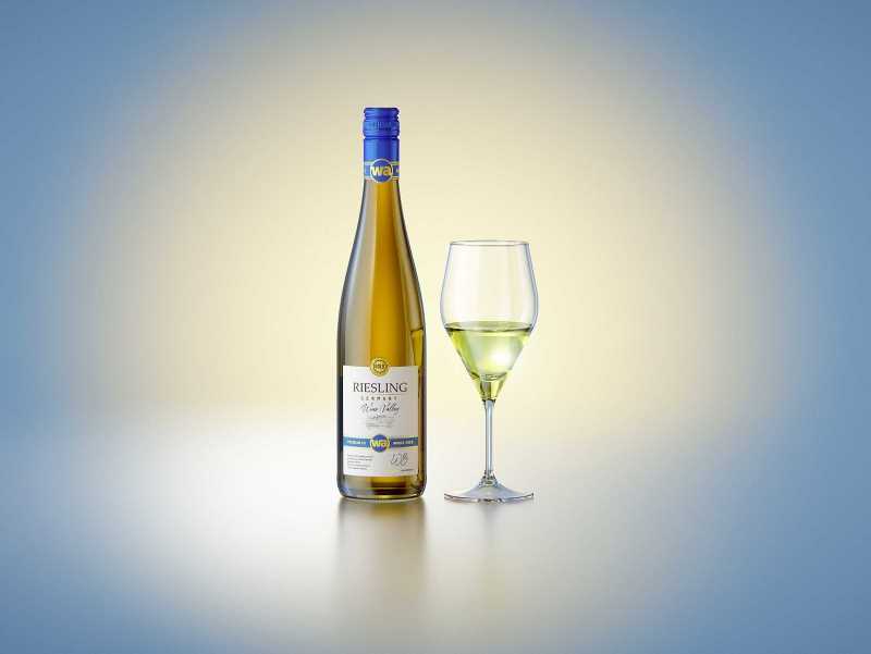 3D model of a wine bottle 750ml for Riesling wine with screw cap and a glass of wine