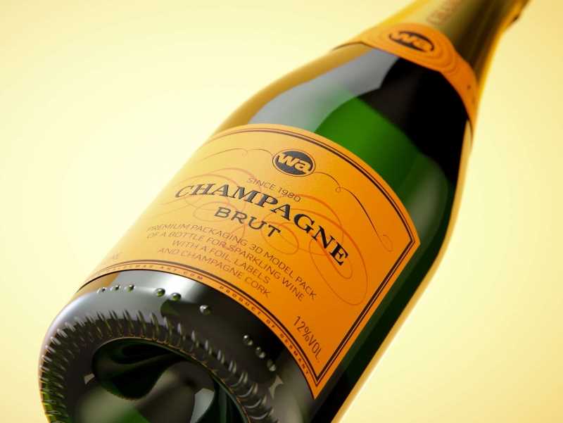 Champagne bottle 750ml 3d model for sparkling wine, with foil, labels, champagne cork and glass of sparkling wine