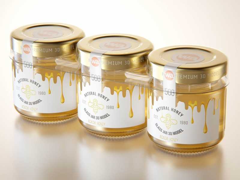 Set of x3 Acacia Honey Glass Jar 50g packaging 3d model