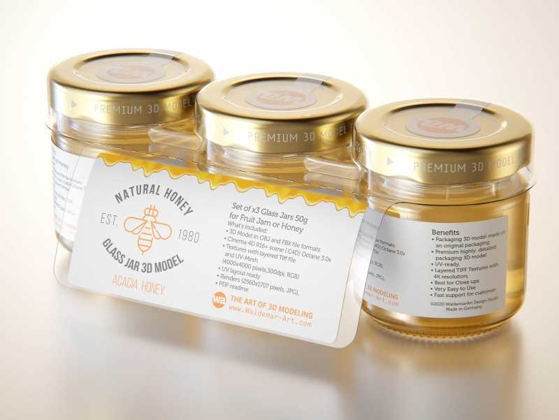 Set of x3 Acacia Honey Glass Jar 50g packaging 3d model
