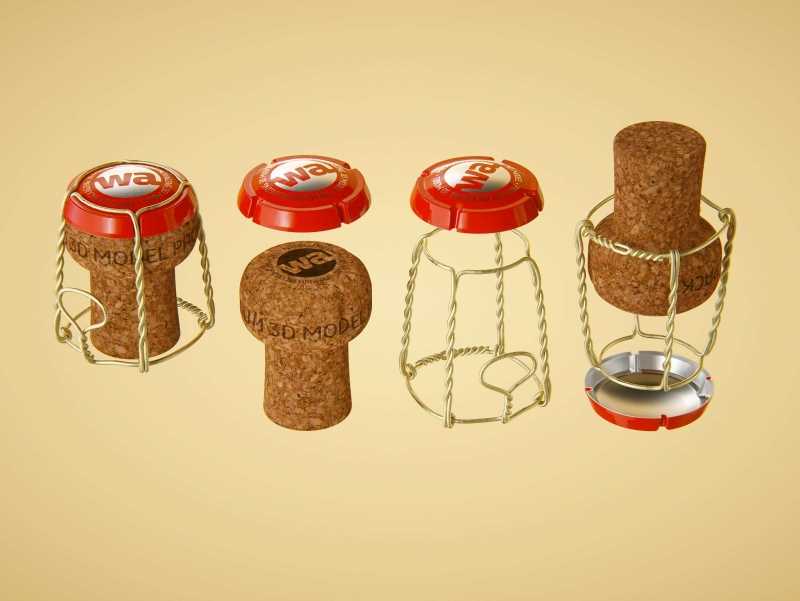 Spumante/Lambrusco/Secco bottle 750ml 3D model with Champagne cork and glass of sparkling wine