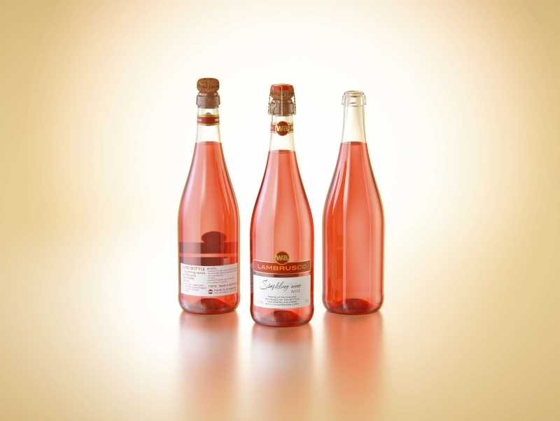 Spumante/Lambrusco/Secco bottle 750ml 3D model with Champagne cork and glass of sparkling wine