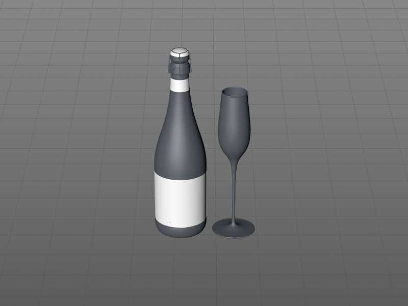 Spumante/Lambrusco/Secco bottle 750ml 3D model with Champagne cork and glass of sparkling wine