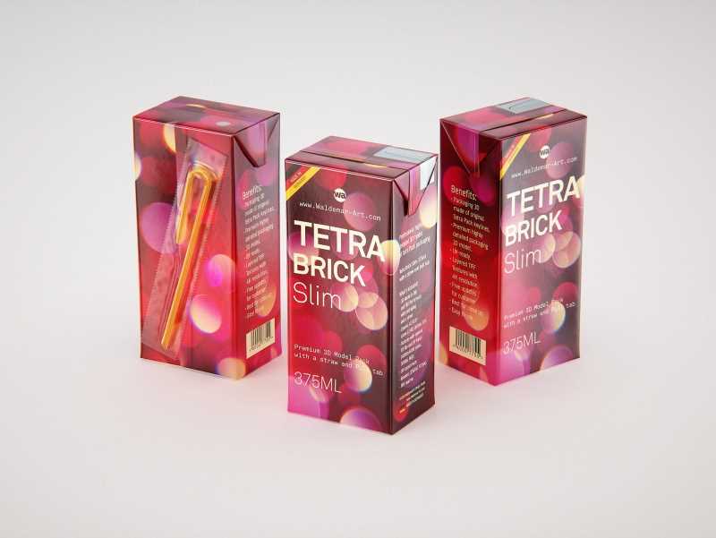 Tetra Pack Brick Slim 375ml with a Straw and Pull Tab packaging 3D model pak