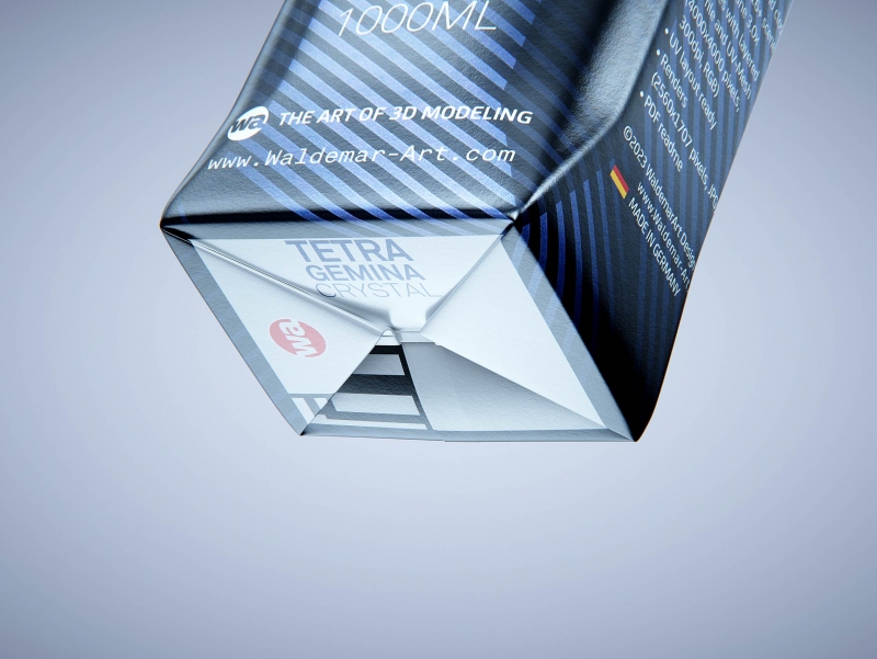 Premium packaging 3d model of Tetra Pak Gemina Crystal 1000ml with tethered cap HeliCap 26 Pro