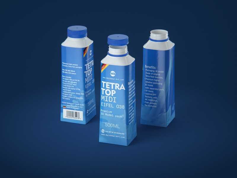 Tetra Top MIDI 500ml 3D model of carton package with Eifel O38 closure