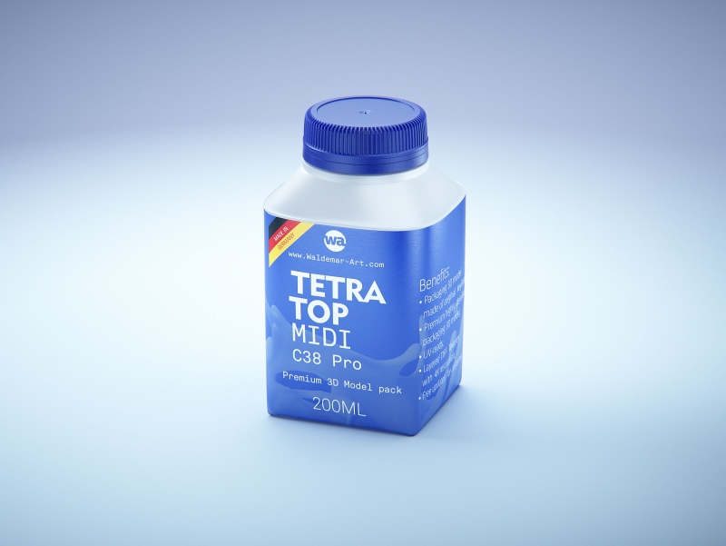Premium Carton Packaging 3D model of Tetra Top MIDI 200ml with tethered cap C38 Pro