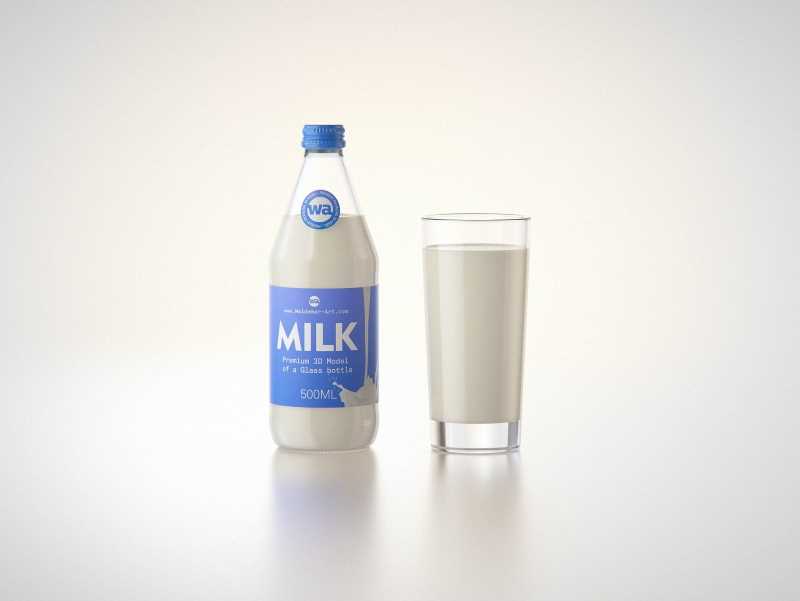 Vanilla Milk Glass bottle 500ml packaging 3D model with a screw cap and a glass of milk