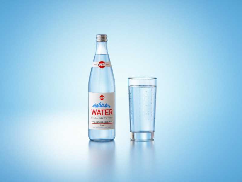 Packaging 3d model of a Mineral water glass bottle 500ml with a glass of water