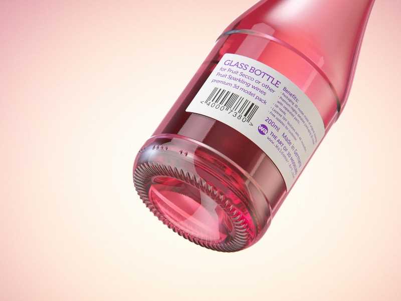 Fruit Secco glass bottle packaging 3D model 200ml with a screw cap and a glass of fruit wine
