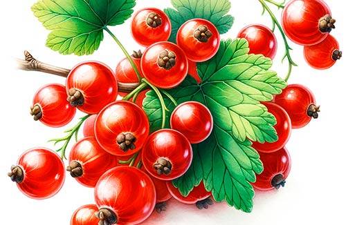 Premium Digital Watercolor Illustration of a few red currant berries, designed with a minimalist and detailed style