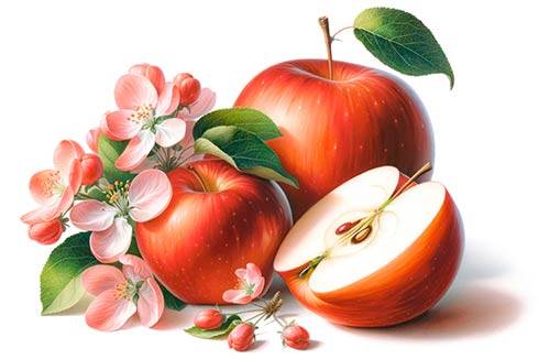 Three green apples with a slice of a green apple, and some apple blossoms premium digital watercolor illustration