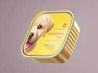 Premium packaging 3D model of a 300g aluminum tray of pet food