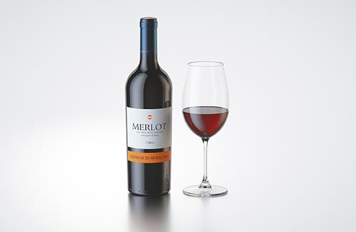 3D model of the Merlot Wine Standard Bottle 750ml with cork and glass of wine