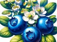 Three Blueberries with blossoms and leaves premium illustration