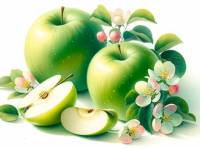 Premium Digital Watercolor Illustrations with two green apples, a slice of a green apple, and some apple blossoms