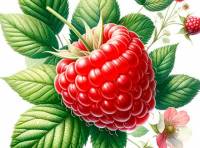 Premium Digital Illustration of a raspberry with leaves and flowers in the watercolor style