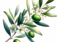 Premium Digital Illustration of a gently bent olive branch with three olives and olive blossoms