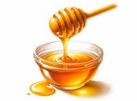 Honey flowing from a wooden honey dipper into a small glass bowl premium digital watercolor illustration