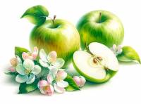 Three green apples with a slice of a green apple, and some apple blossoms premium digital watercolor illustration