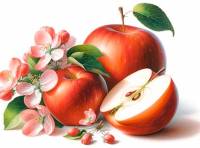 Two red apples, a slice of a red apple, and some delicate apple blossoms premium digital watercolor illustration