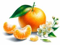 Premium Digital Watercolor Illustration featuring a whole clementine, one peeled clementine slice and a few clementine blossoms