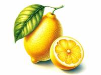 Premium Digital Watercolor Illustration featuring two lemons and one sliced lemon, with one green leaf