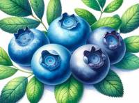 Premium Digital Watercolor Illustration of five blueberries with added green leaves, created in a realistic and detailed style
